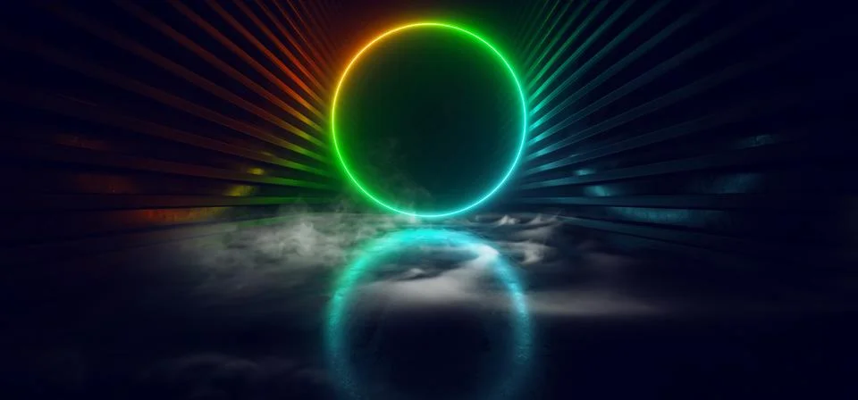 Smoke Rectangle Circle Gradient Neon Laser Red Green Blue Glowing Electric Fl Illustrazione stock