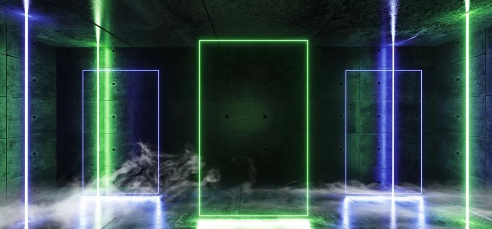 Smoke Rectangle Stage Laser Fluorescent Neon Glowing Vertical laser Tube Line 스톡 일러스트