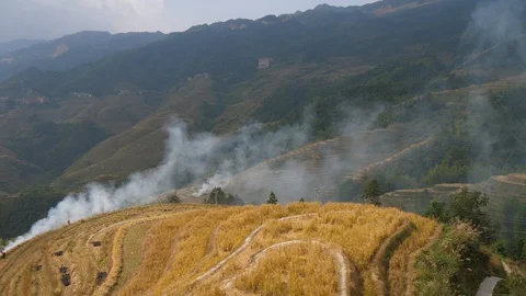 Smoke from rice terrace fire Stock Footage 88224992