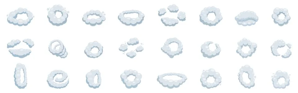 Smoke ring cloud icons set. Cartoon smoke explosion effect frames showing dif Illustrazione stock