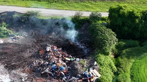 Smoke rises from burning trash on green land Stock Footage 339839195