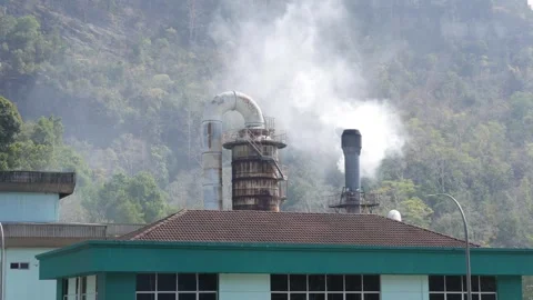 Smoke rises from a waste-burning facility set against a lush tropical backdrop Stock Footage 314120095