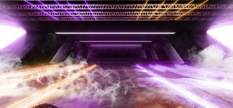 Smoke Sci Fi Fluorescent Vibrant Neon Glowing Purple Yellow Pink Lights In Hu Ilustración de archivo