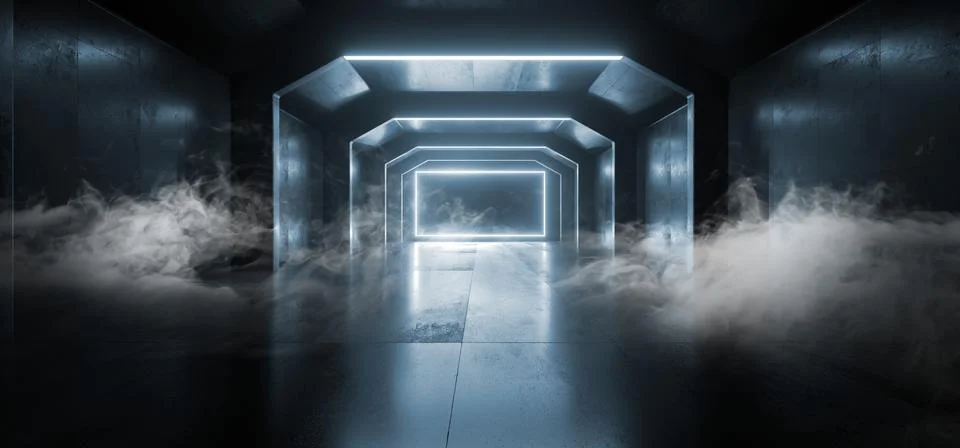 Smoke Sci Fi Future Neon Blue Glowing Rectangle Shape Empty Dark Spaceship Tu Stock Illustration