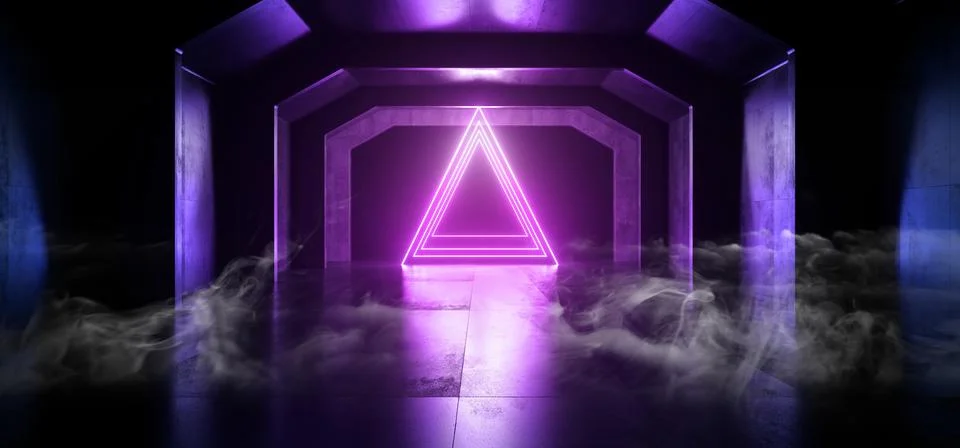 Smoke Sci Fi Future Neon Purple Blue Glowing Triangle Shape Empty Dark Spaces Stock Illustration