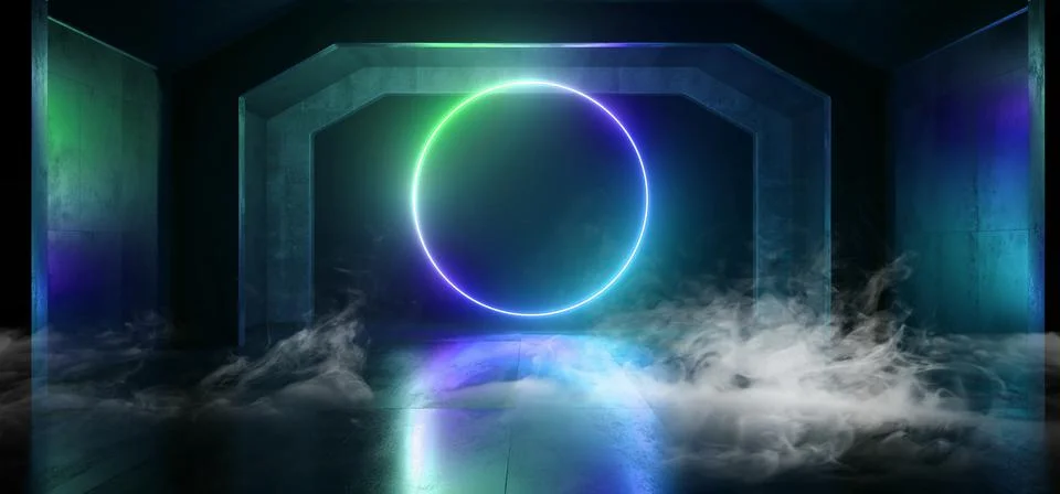 Smoke Sci Fi Future Neon Purple Green Blue Glowing Circle Shape Empty Dark Sp Illustrazione stock