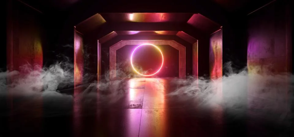 Smoke Sci Fi Future Neon Purple Red Orange Glowing Circle Shape Empty Dark Sp Stock Illustration