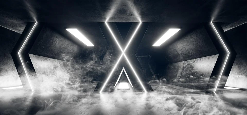 Smoke Sci Fi Neon Alien Futuristic Reflective Grunge Concrete Empty Hall Corr Illustrazione stock