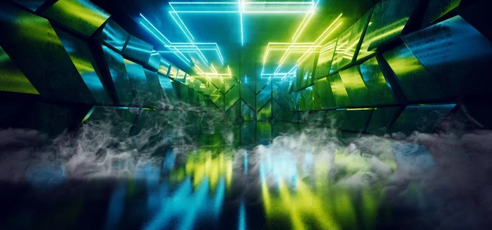 Smoke Sci Fi Phantom Green Blue Glowing Led Neon Lights Blue Vibrant Dark On  Illustrazione stock