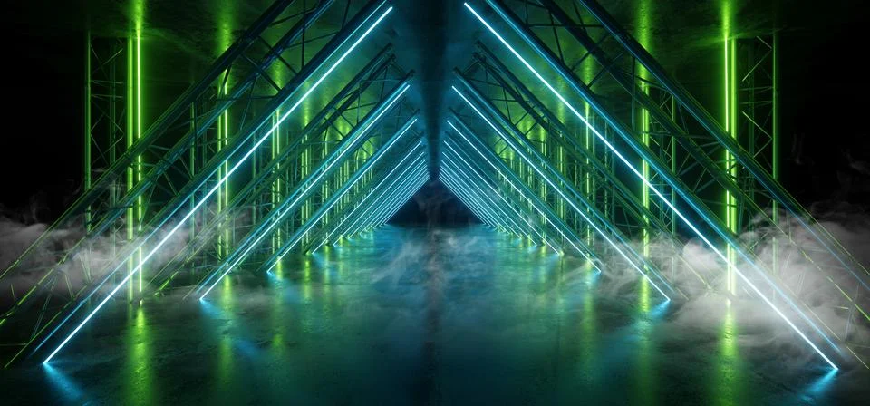 Smoke Sci Fi Triangle Blue Green Neon Laser Arch Beam Construction Stage Conc Stock Illustration