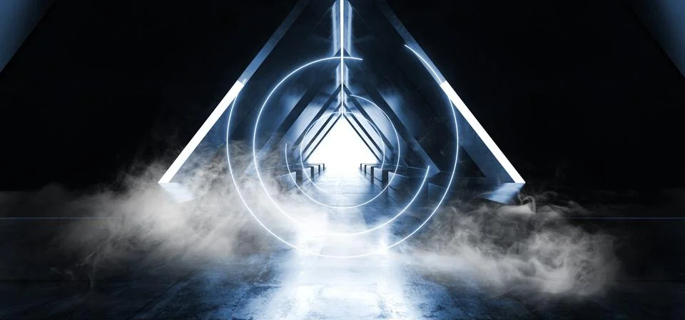 Smoke Sci Fi Triangle Spaceship Neon Glowing Laser Beam Virtual Lights Blue F Ilustración de archivo