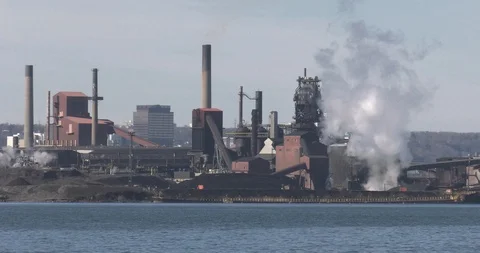 Smoke stack factories, Lake in Stock Footage 125959050