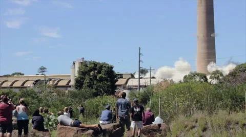 Smoke Stack Falling Demolition Stock Footage 40110989