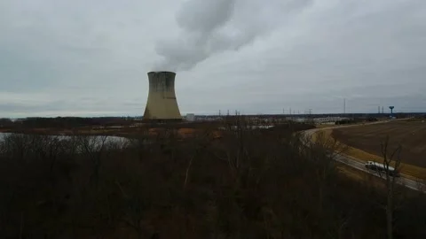 Smoke stack in industrial area near Lake Erie Michigan Video stock 138652789