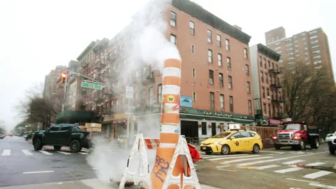 Smoke Stack In Middle Of Busy New York City Intersection 4K 48FPS SLO-MO Stock Footage 223020401