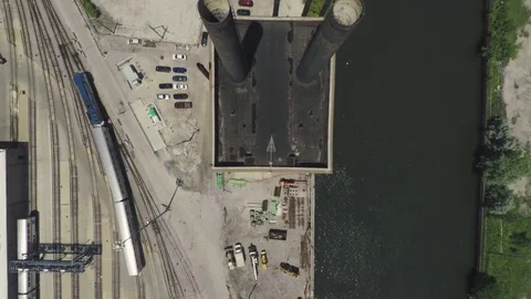 Smoke Stacks From Above Chicago River Train Tracks Aerial Stock Footage 79085507