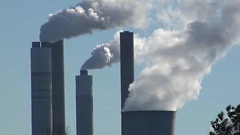 Smoke stacks CU, time lapse of coal plant spewing, flashing lights on stacks Stock-Footage 70007239