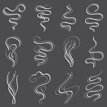 Smoke steam vector set. Smell and fumes line icons isolated on white Stock Illustration