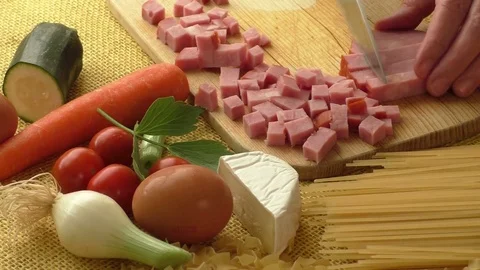 Smoked bacon with fresh vegetables Stock Footage 76150669