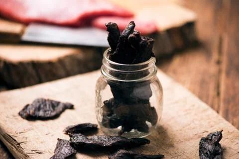 Smoked beef jerky on on a table Stock Photos
