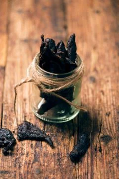 Smoked beef jerky on on a table Stock Photos