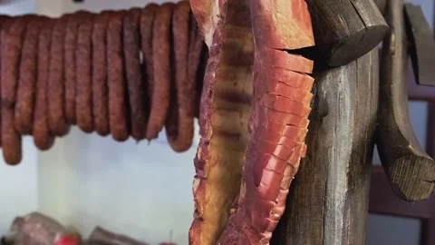 Smoked meat with pork hang on string Stock Footage 133019870