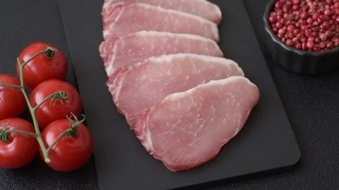 Smoked or dry cured meat slices, pork or ham with salt and spices. Smoked meat s Stock Footage 333073232