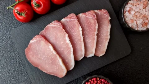 Smoked or dry cured meat slices, pork or ham with salt and spices. Smoked meat s Stock Footage 333073300