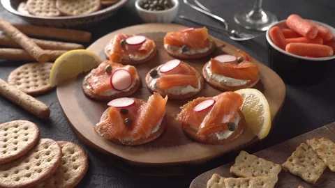 Smoked Salmon Canapes Stock Footage 107684388