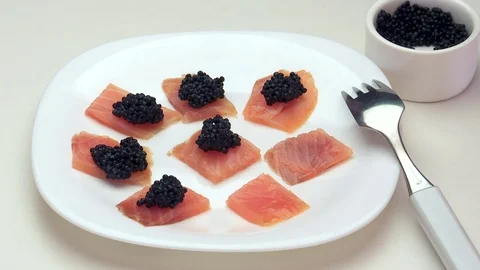 Smoked salmon &amp; caviar Stock Footage 81627488