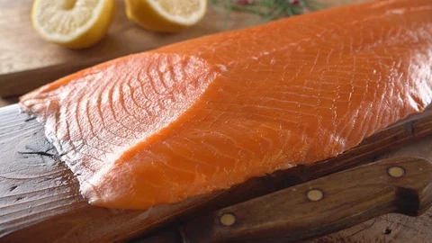 Smoked Salmon on Cedar Plank Stock Footage 108855161