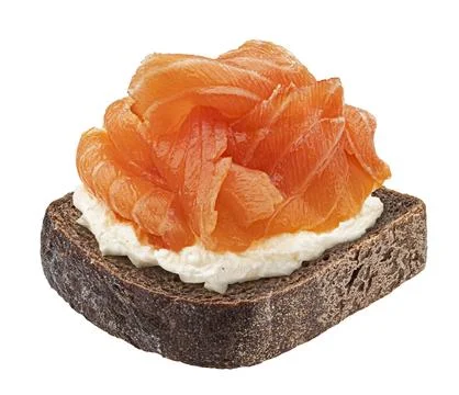Smoked salmon on rye bread slice isolated on white background Stock Photos