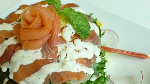 Smoked salmon salad with fresh vegetable Stock Footage