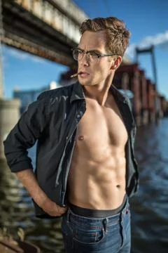 Smoker on the quay 스톡 사진