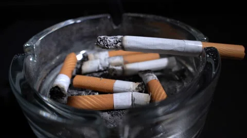 Smokes a cigarette in an ashtray Vídeo Stock 119275521