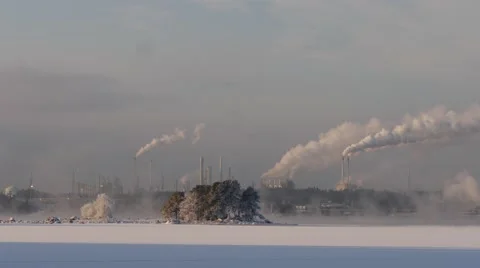 Smokestack pollutions in sky. winter time 스톡 동영상 60762236