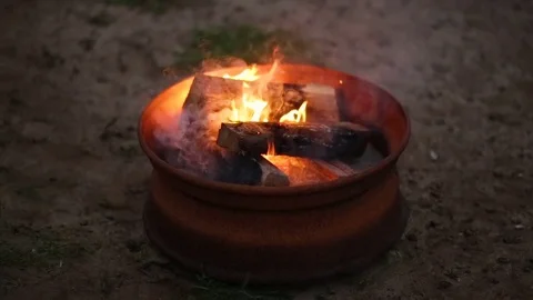 Smokey Campfire Burns In Fire Pit At Beach (Slow Motion) Stock Footage 78495191