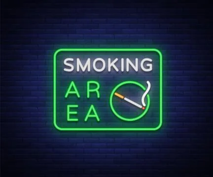 Smoking area is a vector neon sign. Neon symbol, a luminous sign is a place for Stock Illustration