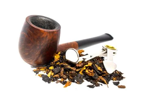 Smoking briar pipe with tobacco and czech tool on a white background Stock Photos
