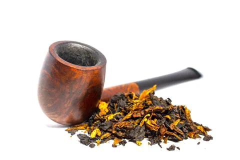 Smoking briar pipe with tobacco on a white background Stock Photos