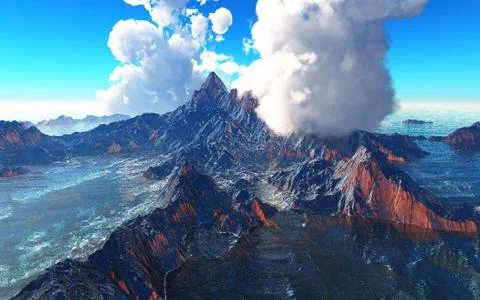 Smoking caldera of the volcano 3d rendering Stock Illustration