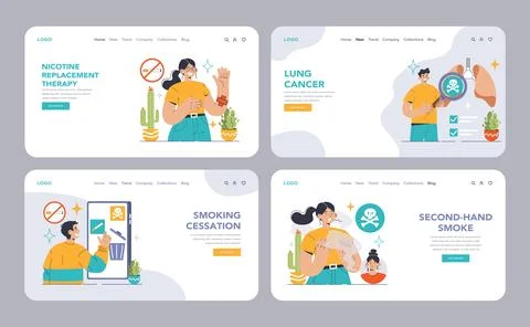 Smoking cessation web or landing set. Man quitting smoking, facing Stock Illustration