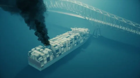 Smoking Container Ship Beside Damaged Bridge 3D Animation Video stock 347325259