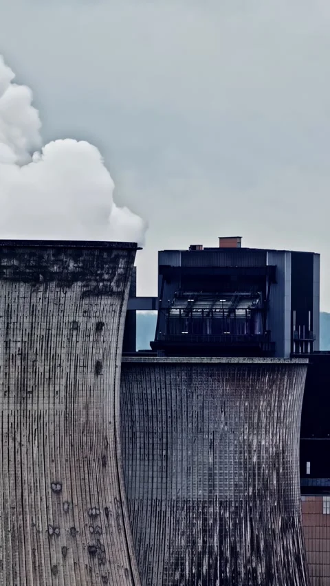 Smoking cooling tower of a coal-fired power station contributing to air Stock Footage 344521329