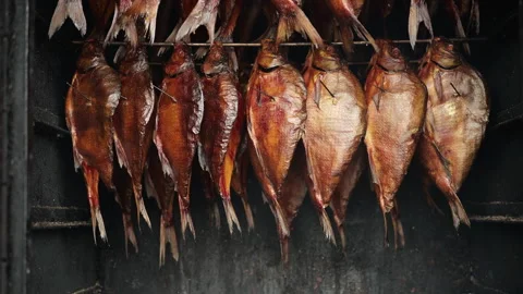 Smoking fish in a smokehouse. Stock Footage 313802642