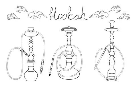 Smoking hookah set. Hand drawn vector illustration in simple engraving styl.. Stock Illustration
