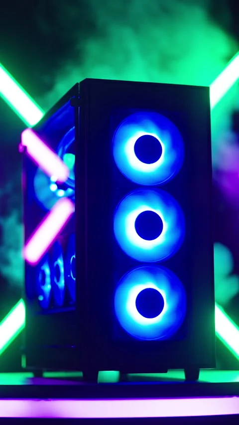 Smoking hot RGB gaming computer on turning platform with neon tubes studio shot Stock Footage 324130291