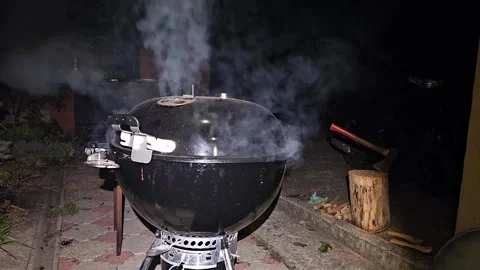 Smoking meat on a charcoal grill at night in the yard Stock Footage 298024273