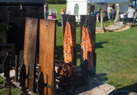 Smoking pieces of fish Stock Photos
