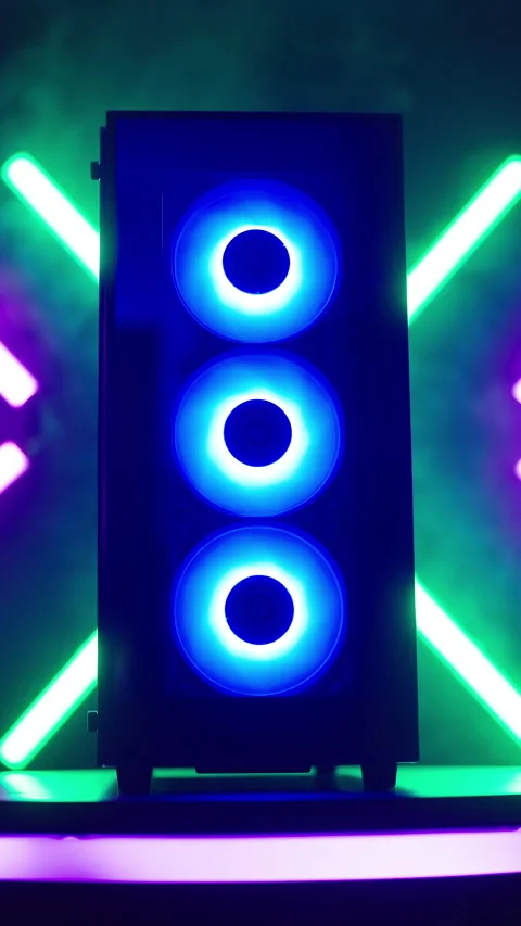 Smoking RGB gaming computer on LED light platform surrounded with neon lights Stock Footage 324131056